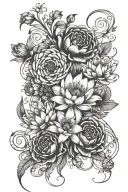flowers intertwined with 1 poppy, 1 water lily, 2 chrysanthemums, 1 morning glory, 1 narcissus, 2 snowdrops, & 2 violets tattoo design idea
