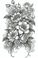 flowers intertwined with 1 poppy, 1 water lily, 2 chrysanthemums, 1 morning glory, 1 narcissus, 2 snowdrops, & 2 violets tattoo design idea