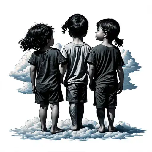 3 kids holding hands with clouds around the tattoo tattoo design idea