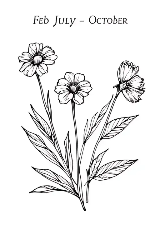 black and white, June, July, February, and October birth month flower fine line bouquet  tattoo design idea