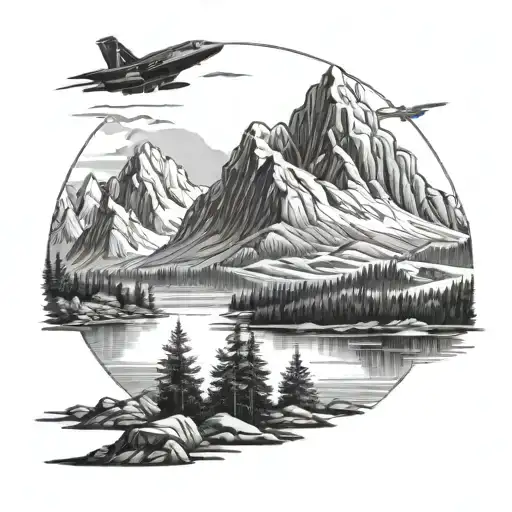 realistic Norwegian landscape with mountains, lake or see, trees, and one F-35 aircraft silhouette passing in the sky tattoo design idea