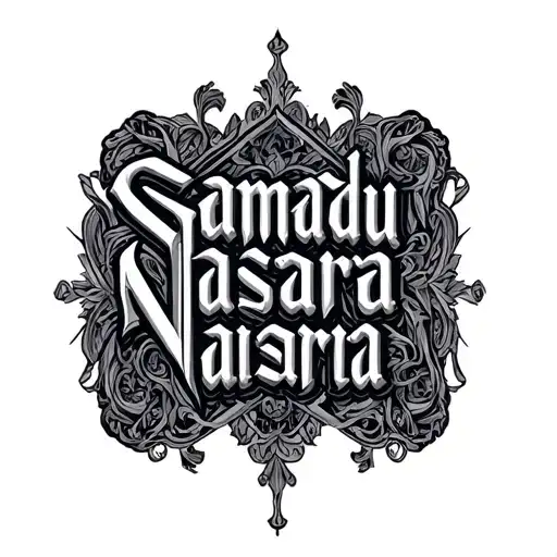 A vintage-style typographic design featuring the year "Samadu Nasara" in ornate gothic lettering, meticulously rendered  tattoo design idea