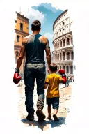 Father and son who walk, the son holds gloves from boxing, around the buildings of Rome Centr, in the distance the Colosseum tattoo design idea