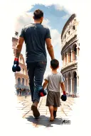 Father and son who walk, the son holds gloves from boxing, around the buildings of Rome Centr, in the distance the Colosseum tattoo design idea
