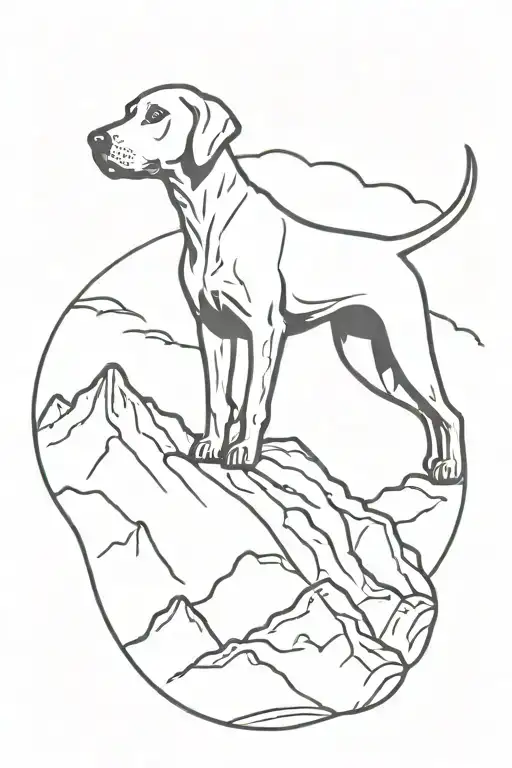 a tattoo sleeve for the upper arm of an mountains, lightning a Weimaraner dog tattoo design idea