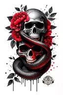 robot skull, snake wraps the skull, in the background leaves and flowers of peonies tattoo design idea
