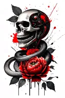 robot skull, snake wraps the skull, in the background leaves and flowers of peonies tattoo design idea