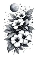 morning glory flowers, planets, stars shining tattoo design idea