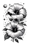 morning glory flowers, planets, stars shining tattoo design idea