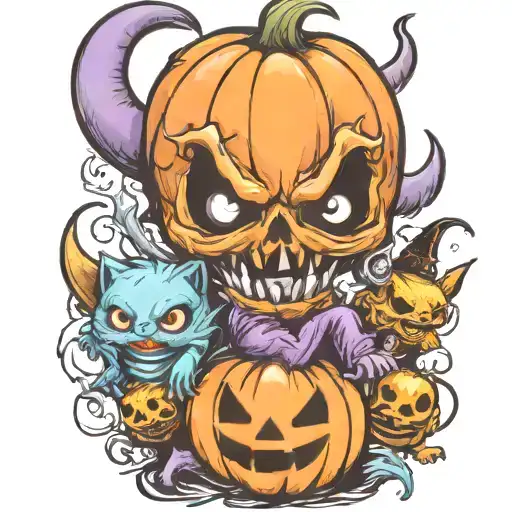 kawaii Halloween monster war tattoo design idea