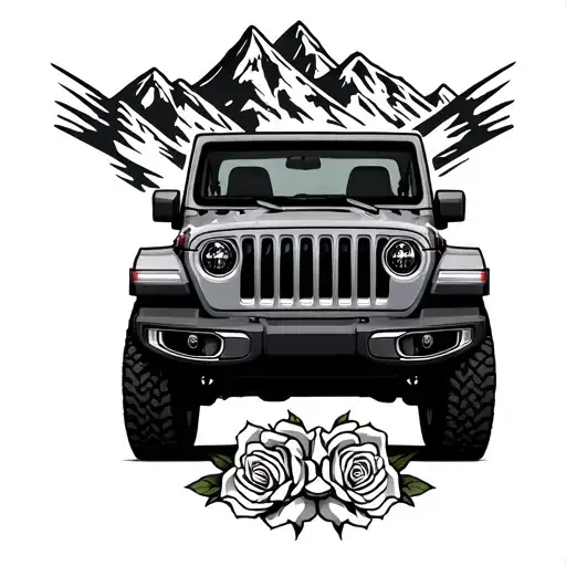 2 door jeep wrangler with mountain range and 8 cherokee roses tattoo design idea