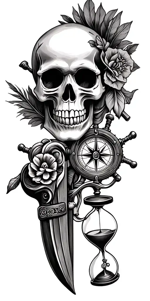 dia de los Muertos skull, flintlock pistol, cutlass, quill pen, nautical compass, fouled anchor, ship's wheel, hourglass tattoo design idea
