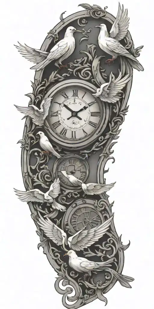 clock surrounded by doves flying tattoo design idea