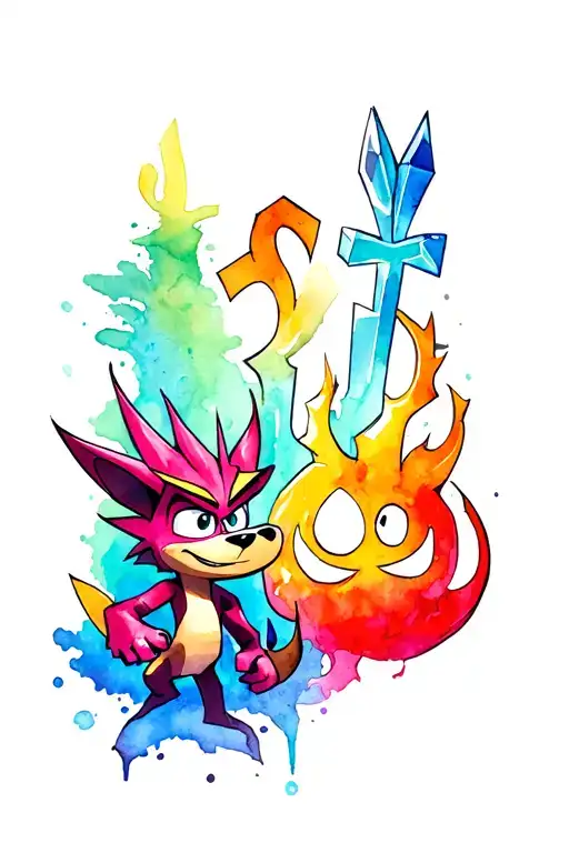 Tattoo that has Crash Bandicoot, Ankh, The Perfect Remal, Crystal and Aku Aku tattoo design idea