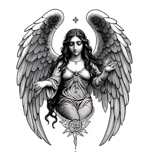 rest in peace tattoo featuring mother with wings spread tattoo design idea