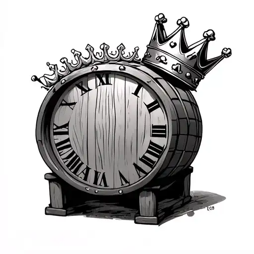 whiskey barrel with roman numerals and a kings crown above it tattoo design idea
