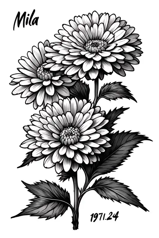 outline of Chrysanthemum flower with Mila and 19-11-24 written in the stem tattoo design idea