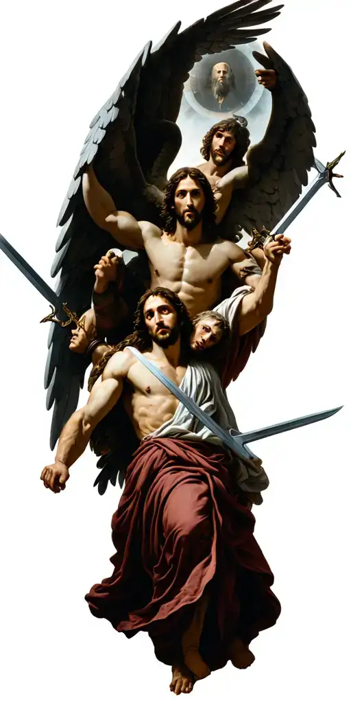angels with swords surrounding Micheal with Jesus above everyone. full leave  tattoo design idea