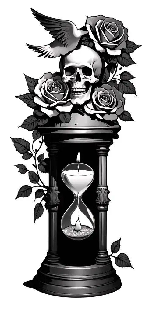 skulls roses tombstones hourglass dove candle inscription memento mori tattoo design idea