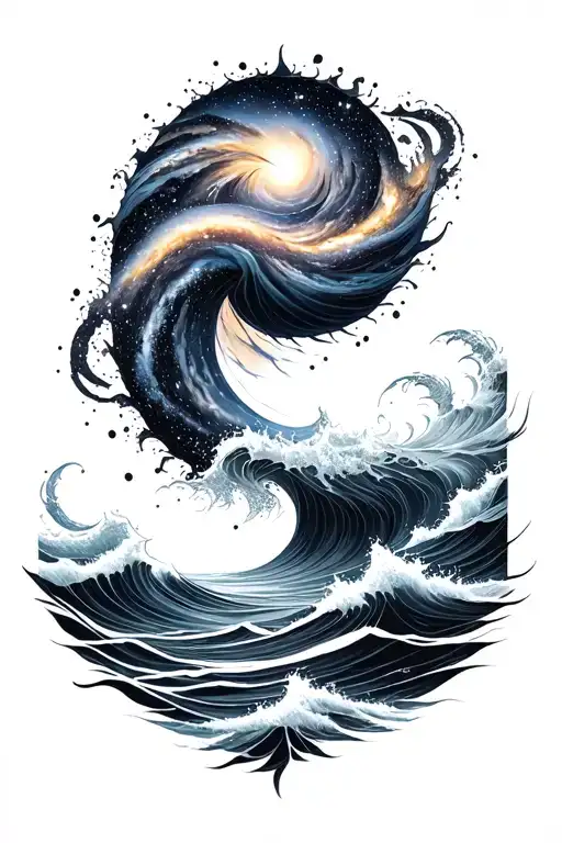 Black and grey sleeve: spiral galaxy above ocean waves, smooth transition, elegant and dark realism. tattoo design idea