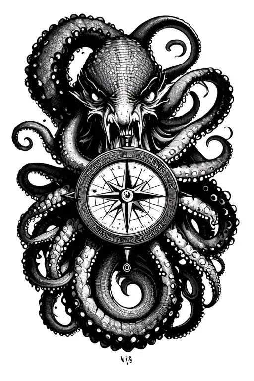 angry kracken octopus in ocean with nautical compass in middle with tentacles out wide with waves tattoo design idea