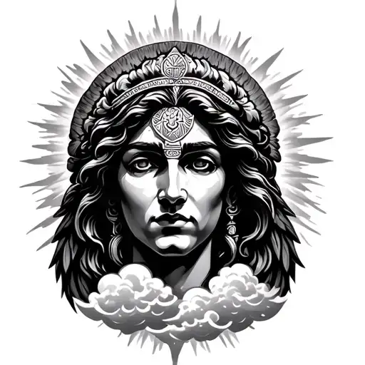 chicano angel face surrounded by clouds and sun rays tattoo design idea