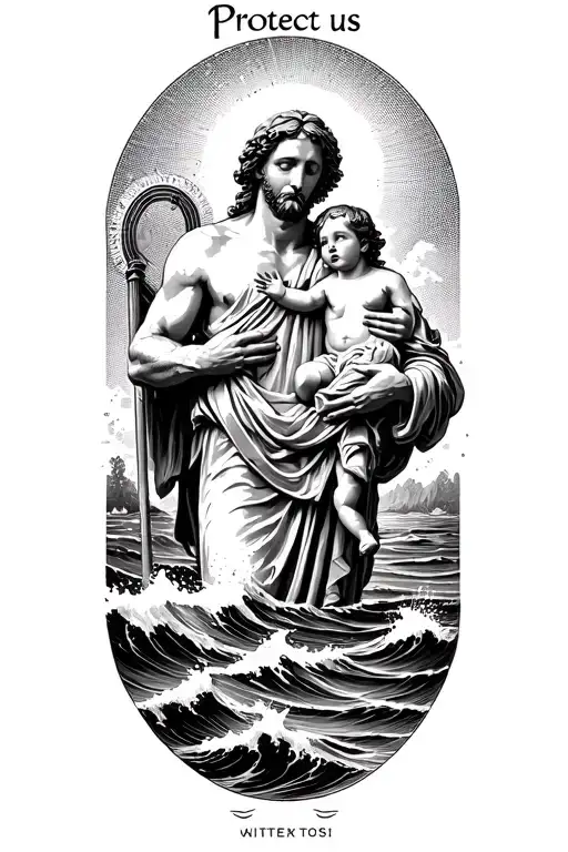 "Protect us" saint Christopher carrying the Christ child across rough water tattoo design idea