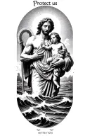 "Protect us" saint Christopher carrying the Christ child across rough water tattoo design idea