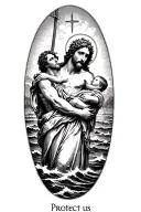 "Protect us" saint Christopher carrying the Christ child across rough water tattoo design idea