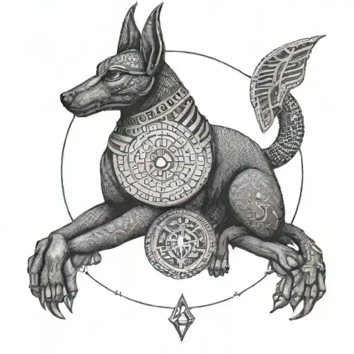 Anubis with scales in hand, eye of Horus in a circle with a pulse tattoo design idea