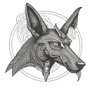 Anubis with scales in hand, eye of Horus in a circle with a pulse tattoo design idea