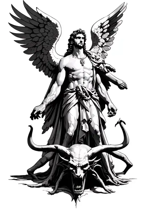 Saint Michael the Archangel standing over satan tattoo design idea