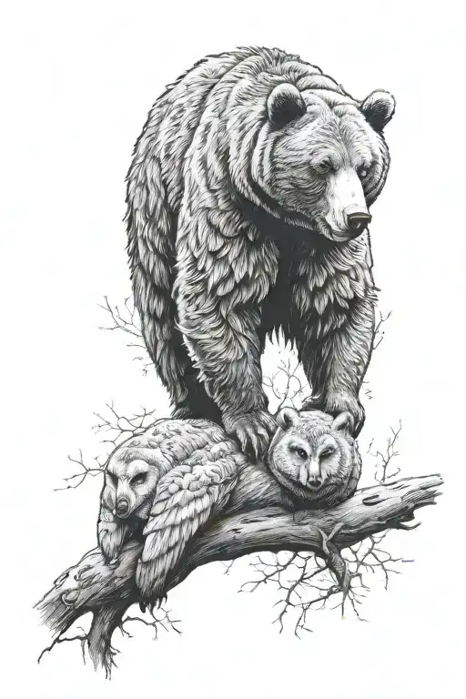 Realism, a bear with owl characteristics in the bear's body. Without owls in the image, only the bear. I want the bear t tattoo design idea