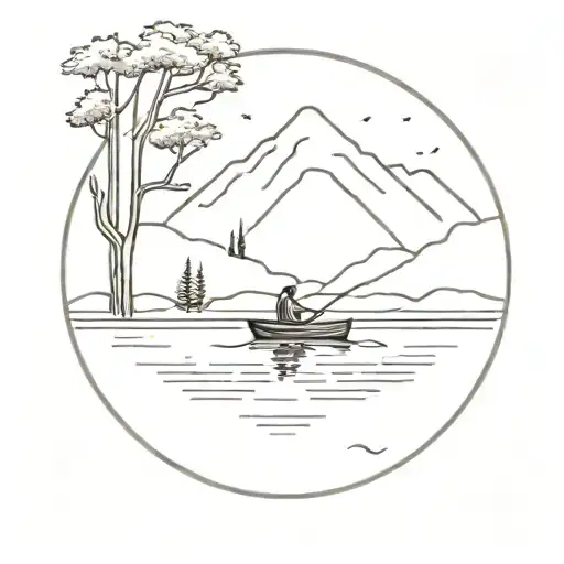 Lake and Rowing Boat and Mountains and Trees tattoo design idea