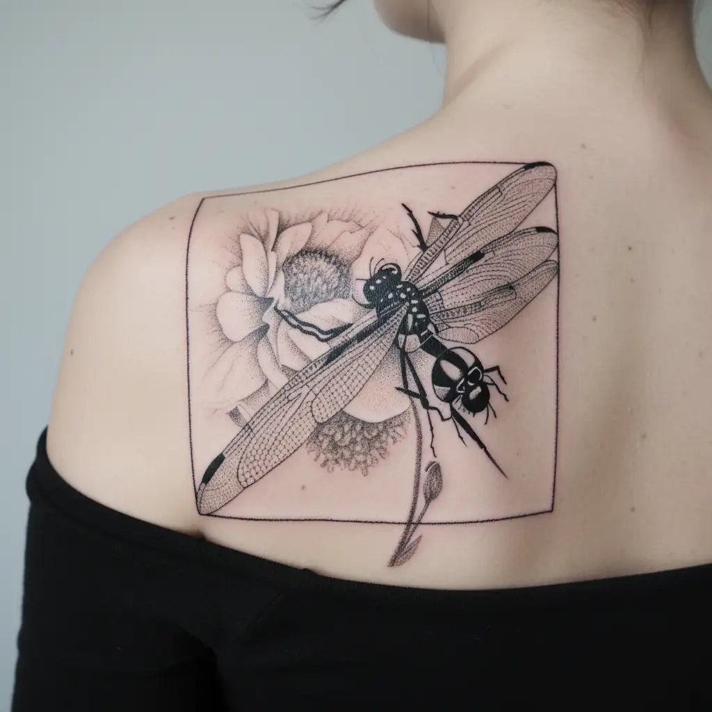 dragonfly and bumblebee on a flower tattoo design idea