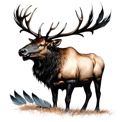 Bull Elk and Feathers linked tattoo design idea