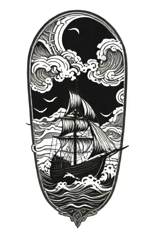 A Viking longship sailing across stormy seas tattoo design idea