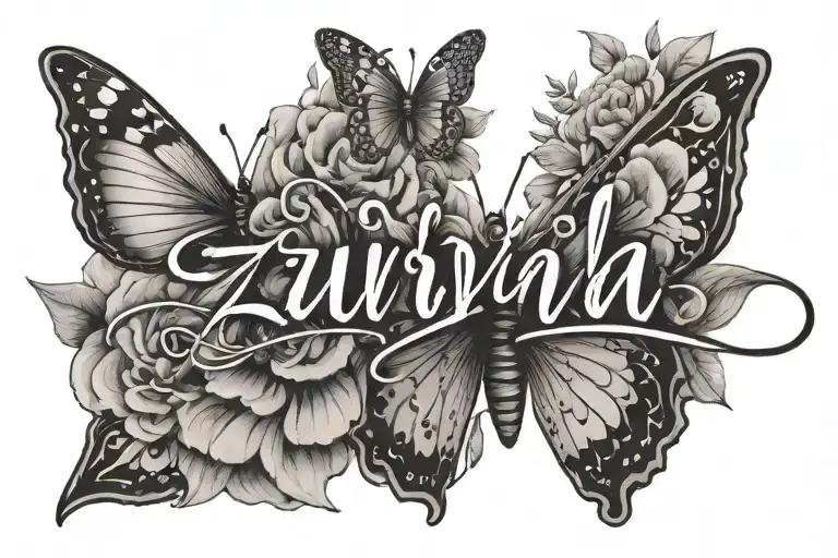 name Zuriya in cursive, narcissa flower, butterfly tattoo design idea