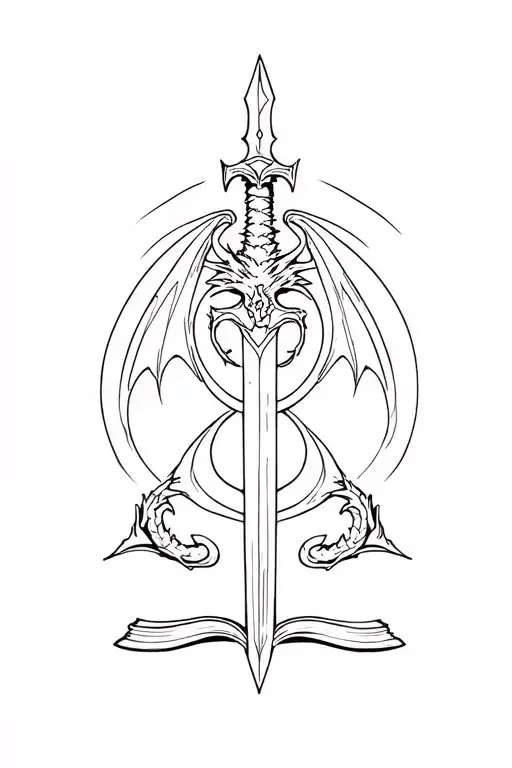 dragon, book, dagger, sleepy hallows symbol, celestial elements tattoo design idea