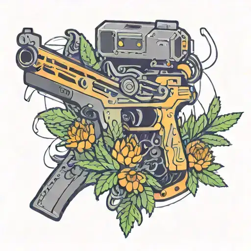 A new-school design featuring a high-tech gun morphing into a musical instrument surrounded by cannabis plants tattoo design idea
