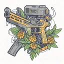 A new-school design featuring a high-tech gun morphing into a musical instrument surrounded by cannabis plants tattoo design idea