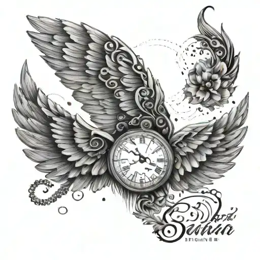 wings tattoo with daughters name AMARA and date 20/12/2024 and the time 01:40PM tattoo design idea