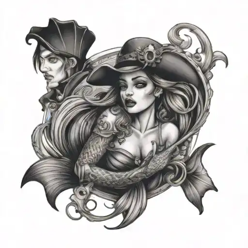 mermaid and pirate tattoo design idea