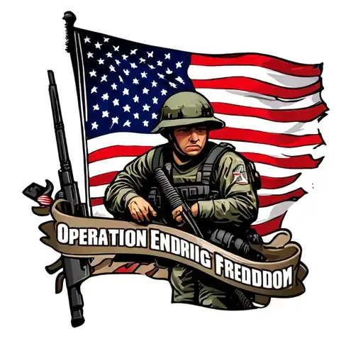 Large American flag in background with soldier and banner Operation Enduring Freedom small banner 3, 11-12 tattoo design idea