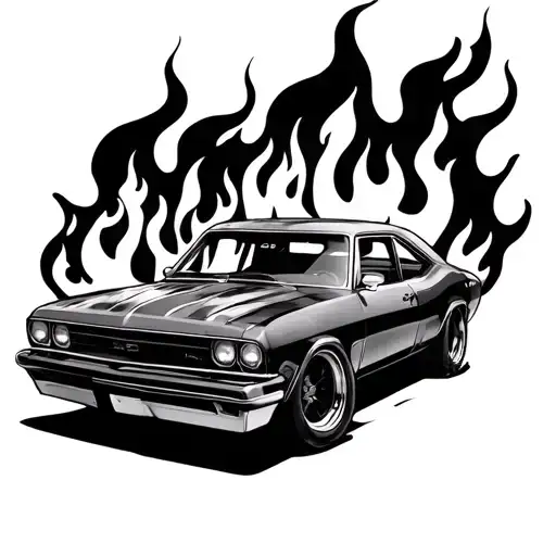 lowered car on fire tattoo design idea