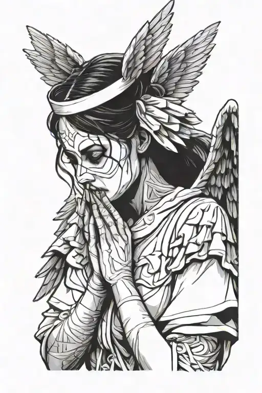 nurse with hands together as if she was praying, face covered in bandages, angelic wings, facing forward, tilted down tattoo design idea