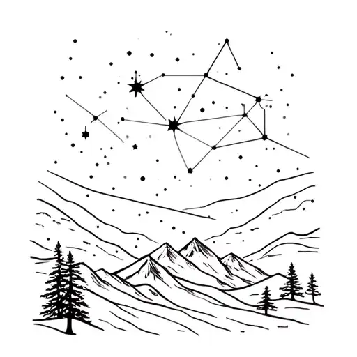 Trees, Mountains, Northern Lights, Constellation Gemini and Symbols. Polar Star Above Tattoo.  tattoo design idea