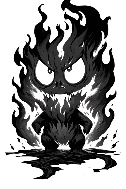 calcifer from howls moving castle in a black and white horror style tattoo design idea