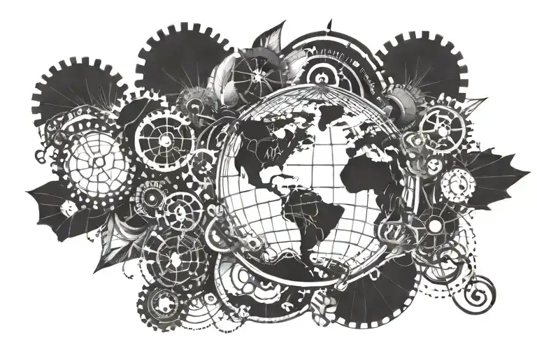 A tattoo design of a globe with musical notes and technology gears, symbolizing the client's passion for travel and innovation tattoo design idea