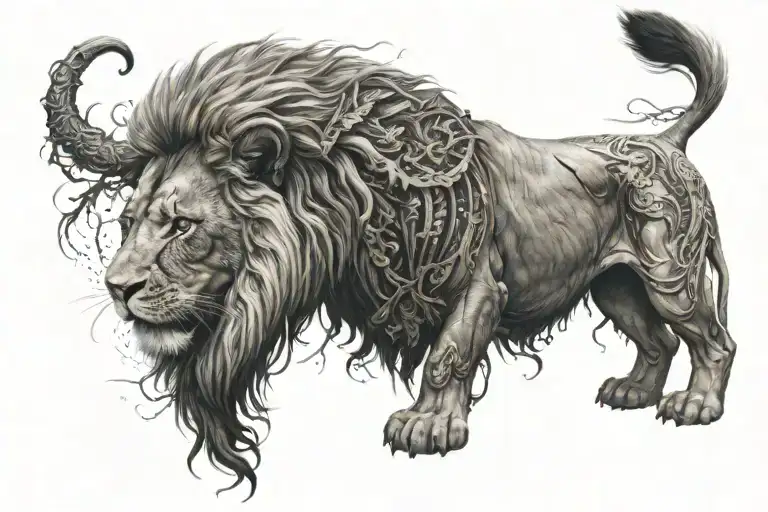 a contrast between the human world and a  lion tattoo design idea